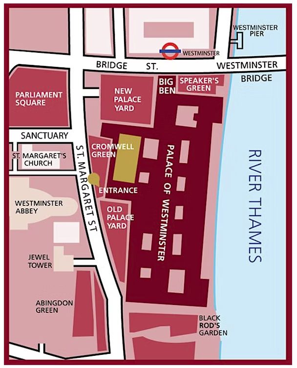 Westminster Hall and the Cromwell Green visitor entrance are marked in gold on the map.
