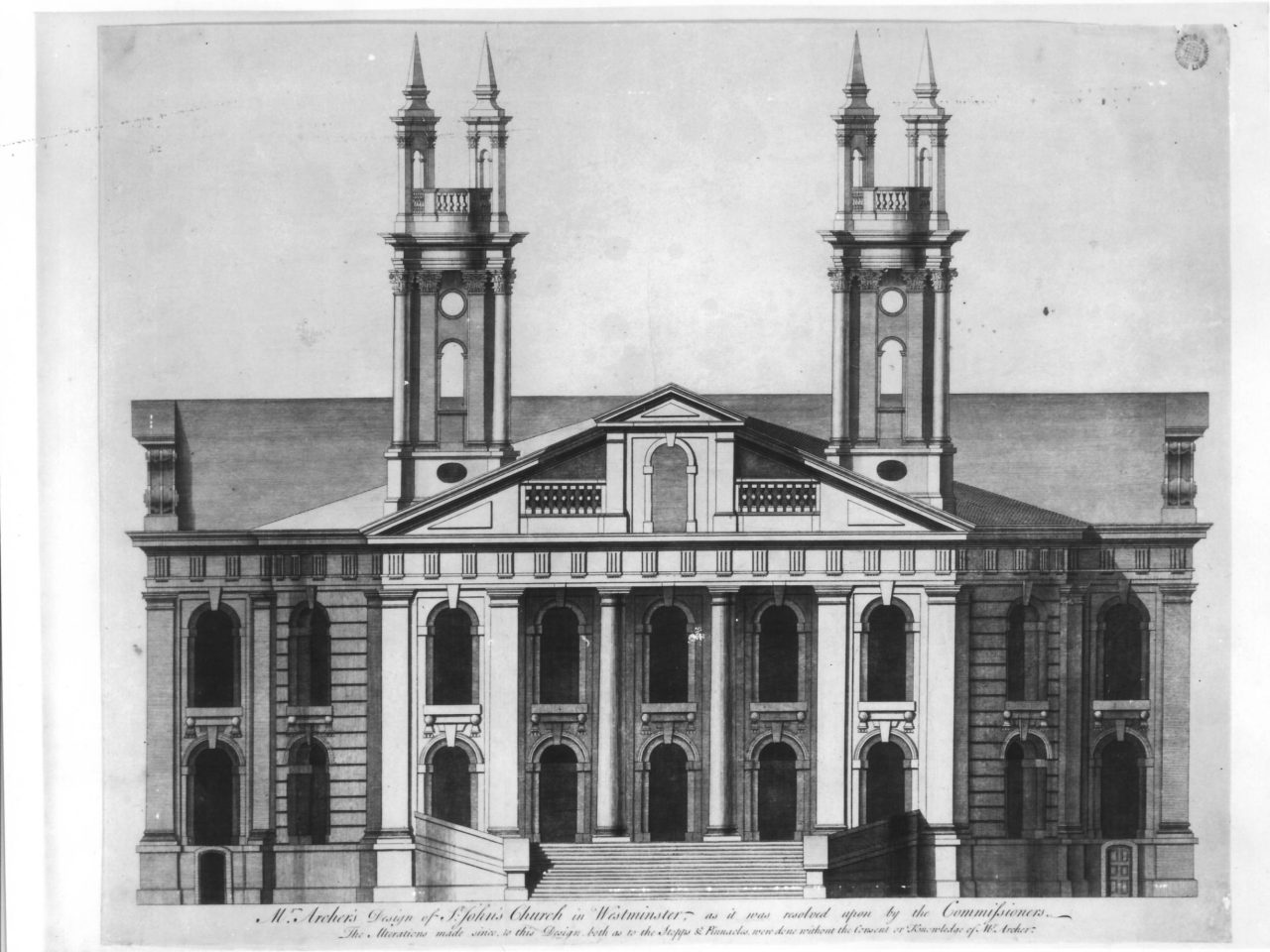 Thomas Archer's original design for the church, featuring spires on the towers