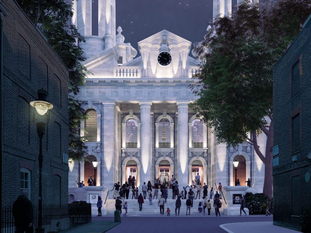 Evening scene showing the north view of the building